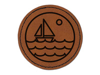 Sailboat on Ocean Lake Round Iron-On Engraved Faux Leather Patch Applique - 2.5"