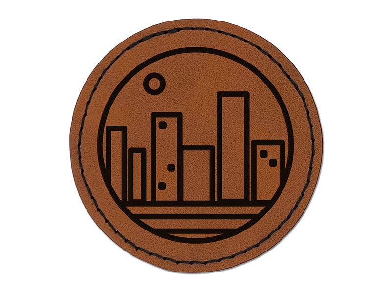 City Buildings Downtown Skyscrapers Round Iron-On Engraved Faux Leather Patch Applique - 2.5"