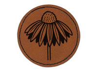 Coneflower Echinacea Round Iron-On Engraved Faux Leather Patch Applique - 2.5"