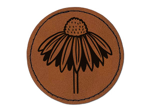 Coneflower Echinacea Round Iron-On Engraved Faux Leather Patch Applique - 2.5"