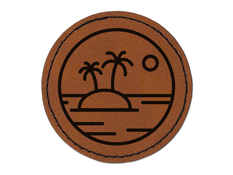 Deserted Island in Ocean Round Iron-On Engraved Faux Leather Patch Applique - 2.5"