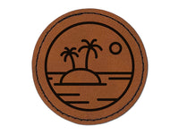 Deserted Island in Ocean Round Iron-On Engraved Faux Leather Patch Applique - 2.5"