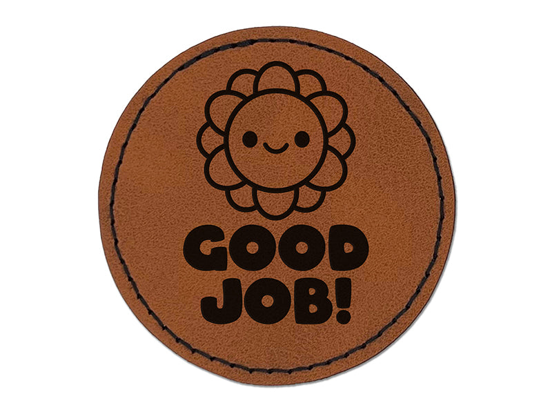Good Job Happy Flower Teacher Student Round Iron-On Engraved Faux Leather Patch Applique - 2.5"
