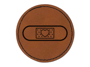 Heart Medical Bandage Love Hope Healing Round Iron-On Engraved Faux Leather Patch Applique - 2.5"