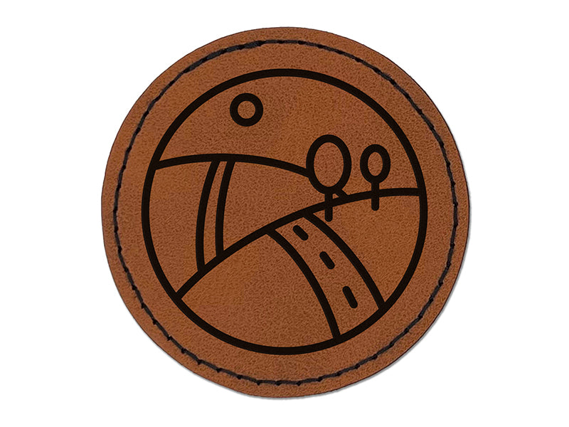 Hilly Roadscape Round Iron-On Engraved Faux Leather Patch Applique - 2.5"