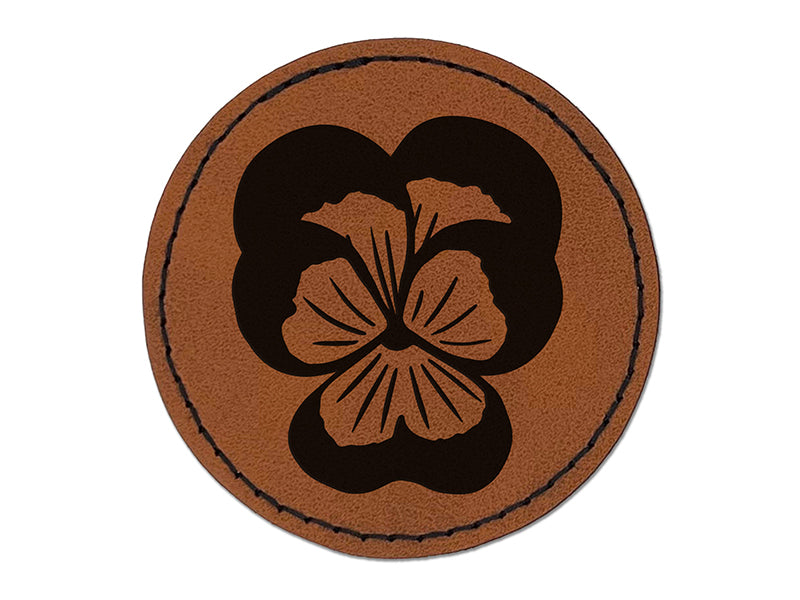 Johnny Jump Up Pansy Flower Round Iron-On Engraved Faux Leather Patch Applique - 2.5"