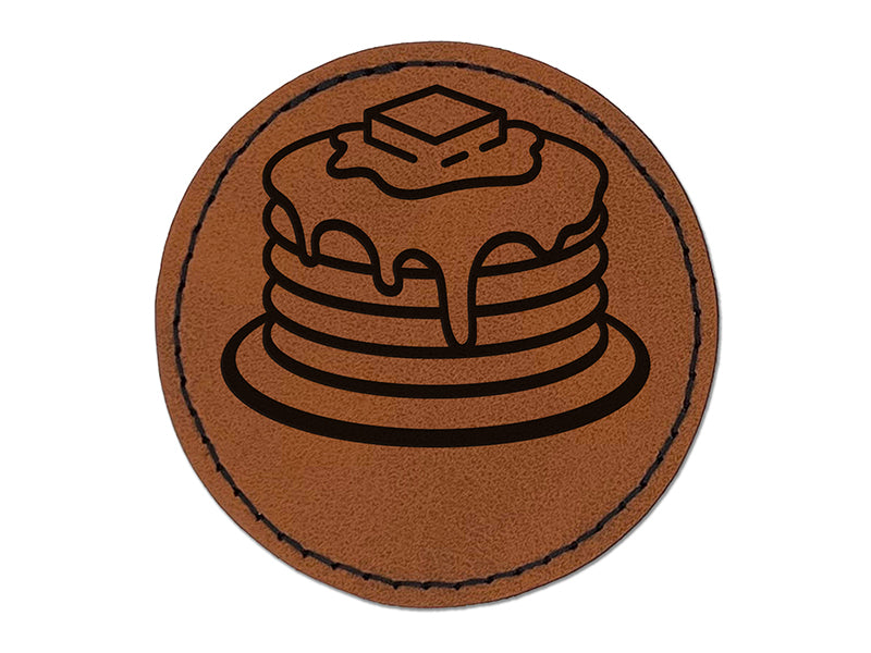 Pancakes Stack Syrup Butter Round Iron-On Engraved Faux Leather Patch Applique - 2.5"