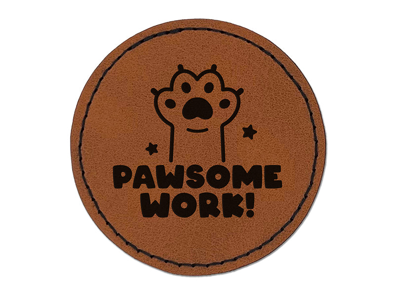Pawsome Work Cat Paw Teacher Student Round Iron-On Engraved Faux Leather Patch Applique - 2.5"