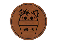 Peeking Cat Potted Cactus Round Iron-On Engraved Faux Leather Patch Applique - 2.5"