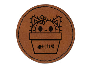 Peeking Cat Potted Cactus Round Iron-On Engraved Faux Leather Patch Applique - 2.5"