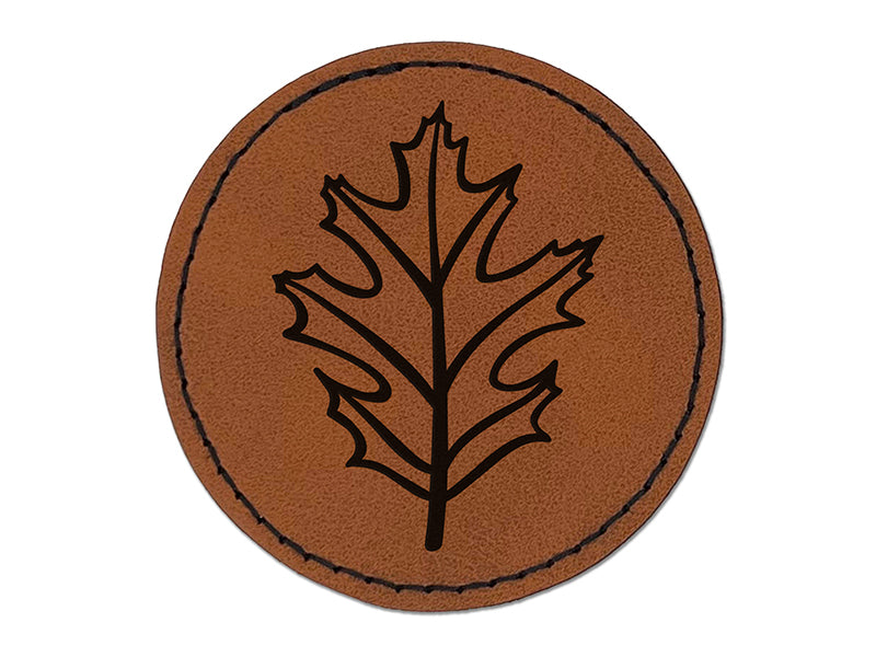 Red Oak Leaf Round Iron-On Engraved Faux Leather Patch Applique - 2.5"