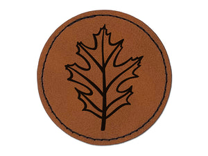 Red Oak Leaf Round Iron-On Engraved Faux Leather Patch Applique - 2.5"