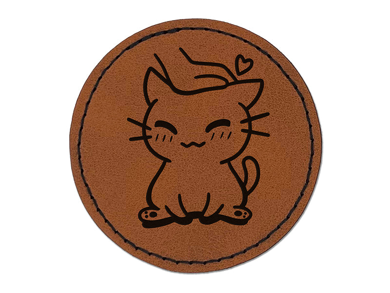 Satisfied Cat Kitty Headpat Round Iron-On Engraved Faux Leather Patch Applique - 2.5"