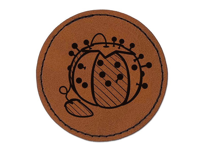 Tomato Pin Cushion with Strawberry Sewing Round Iron-On Engraved Faux Leather Patch Applique - 2.5"