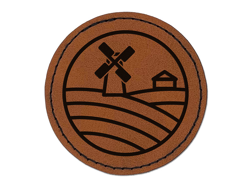 Wind Mill on Farm Round Iron-On Engraved Faux Leather Patch Applique - 2.5"