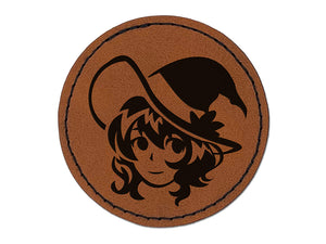 Adorable Anime Witch Girl with Hat Halloween Round Iron-On Engraved Faux Leather Patch Applique - 2.5"