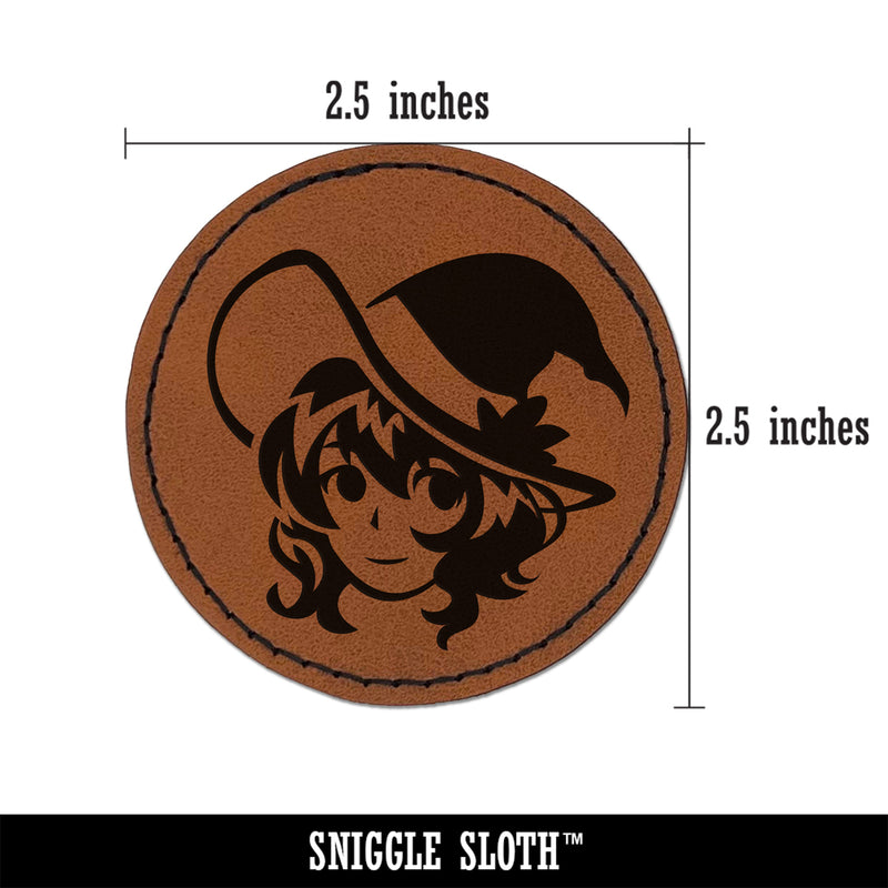 Adorable Anime Witch Girl with Hat Halloween Round Iron-On Engraved Faux Leather Patch Applique - 2.5"