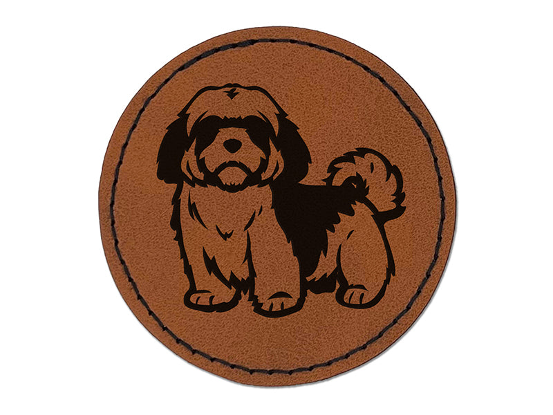 Alert Shaggy Shih Tzu Dog Round Iron-On Engraved Faux Leather Patch Applique - 2.5"