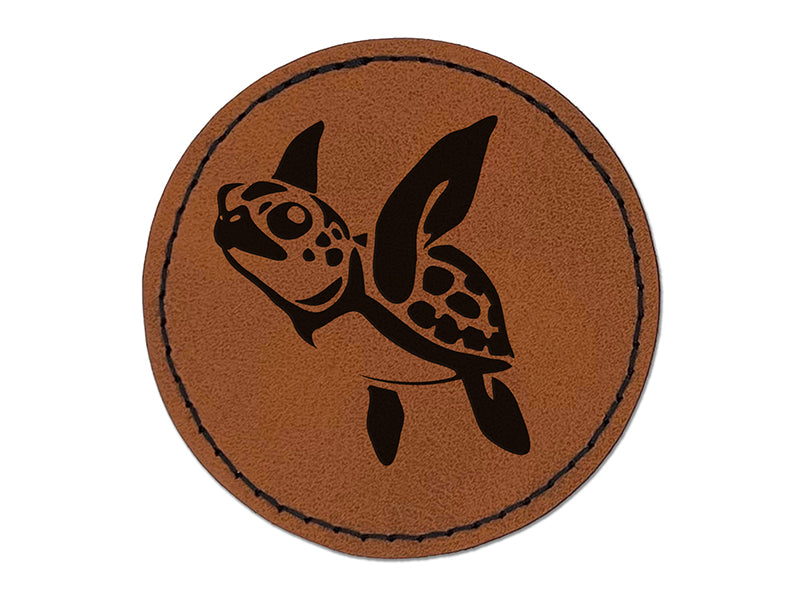 Baby Green Sea Turtle Swimming In Ocean Round Iron-On Engraved Faux Leather Patch Applique - 2.5"