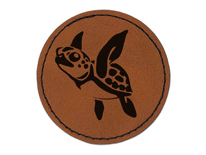 Baby Green Sea Turtle Swimming In Ocean Round Iron-On Engraved Faux Leather Patch Applique - 2.5"