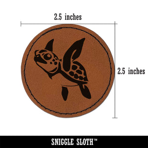 Baby Green Sea Turtle Swimming In Ocean Round Iron-On Engraved Faux Leather Patch Applique - 2.5"