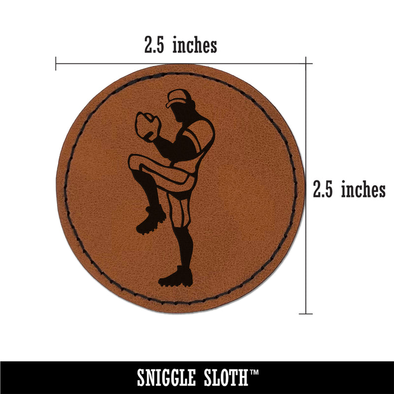 Baseball Softball Pitcher Winding Up Round Iron-On Engraved Faux Leather Patch Applique - 2.5"