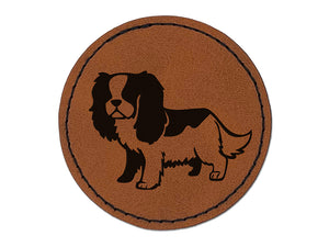 Cartoon Cavalier King Charles Spaniel Dog Pet Round Iron-On Engraved Faux Leather Patch Applique - 2.5"