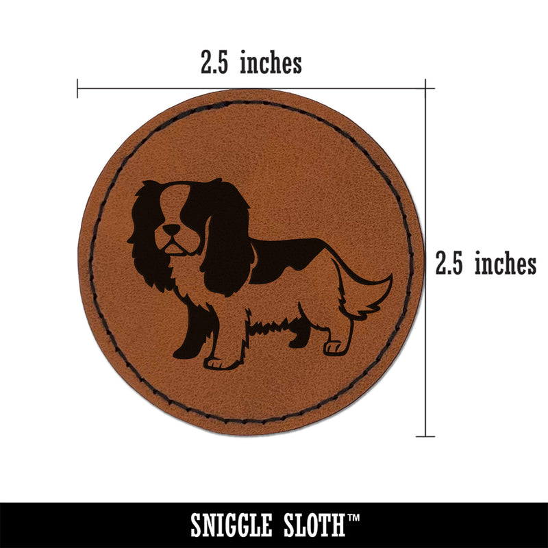 Cartoon Cavalier King Charles Spaniel Dog Pet Round Iron-On Engraved Faux Leather Patch Applique - 2.5"