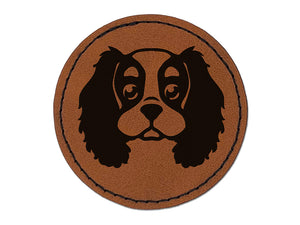 Cartoon Cavalier King Charles Spaniel Head Round Iron-On Engraved Faux Leather Patch Applique - 2.5"