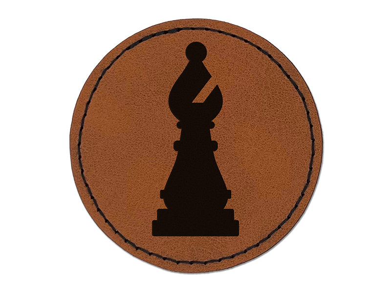 Chess Bishop Piece Round Iron-On Engraved Faux Leather Patch Applique - 2.5"