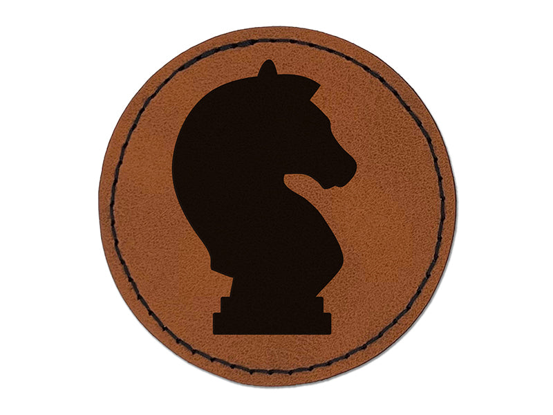 Chess Knight Piece Round Iron-On Engraved Faux Leather Patch Applique - 2.5"