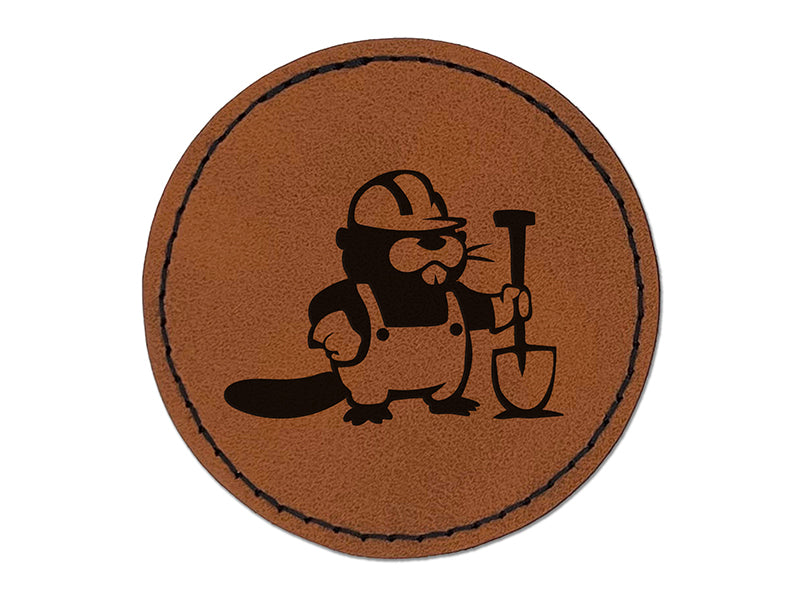 Construction Worker Builder Beaver with Shovel and Hard Hat Round Iron-On Engraved Faux Leather Patch Applique - 2.5"