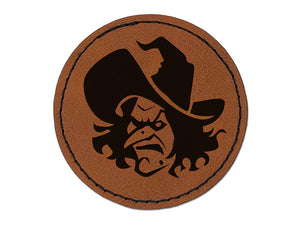 Evil Wicked Witch Scowl Halloween Round Iron-On Engraved Faux Leather Patch Applique - 2.5"