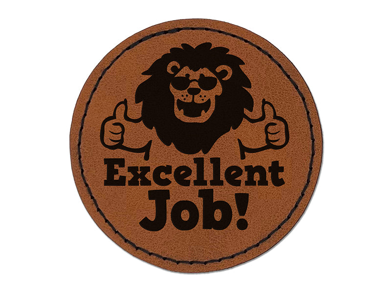 Excellent Job Lion Teacher Student Round Iron-On Engraved Faux Leather Patch Applique - 2.5"