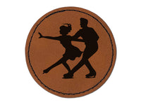 Figure Skating Couple Ice Skaters Round Iron-On Engraved Faux Leather Patch Applique - 2.5"