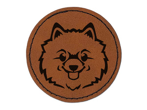 Fluffy Pomeranian Dog Head Round Iron-On Engraved Faux Leather Patch Applique - 2.5"