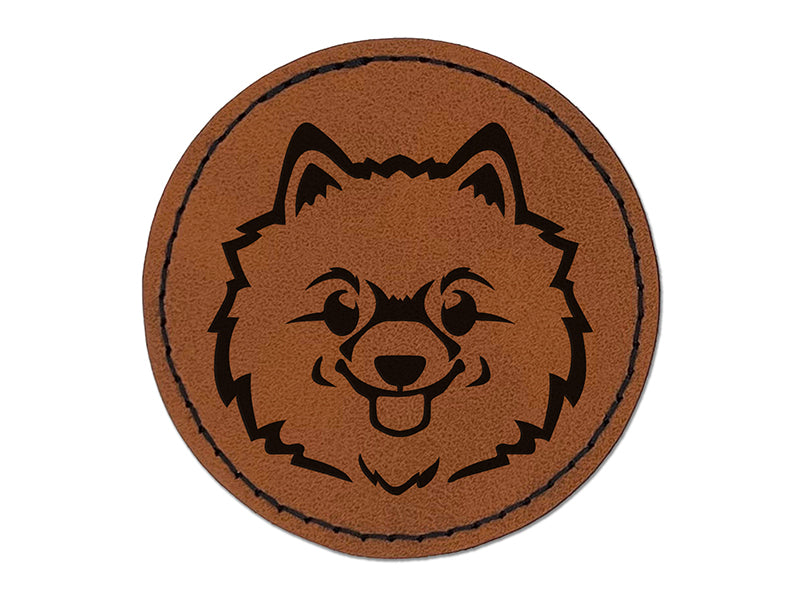 Fluffy Pomeranian Dog Head Round Iron-On Engraved Faux Leather Patch Applique - 2.5"