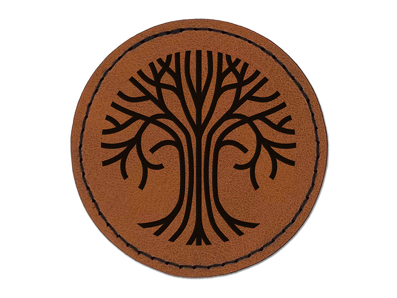Geometric Lines Tree of Life Round Iron-On Engraved Faux Leather Patch Applique - 2.5"
