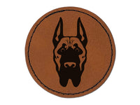 Great Dane Dog Head Pet Round Iron-On Engraved Faux Leather Patch Applique - 2.5"