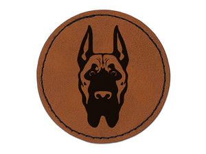 Great Dane Dog Head Pet Round Iron-On Engraved Faux Leather Patch Applique - 2.5"