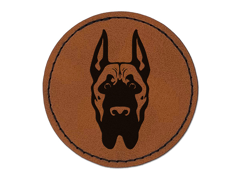 Great Dane Dog Head Pet Round Iron-On Engraved Faux Leather Patch Applique - 2.5"