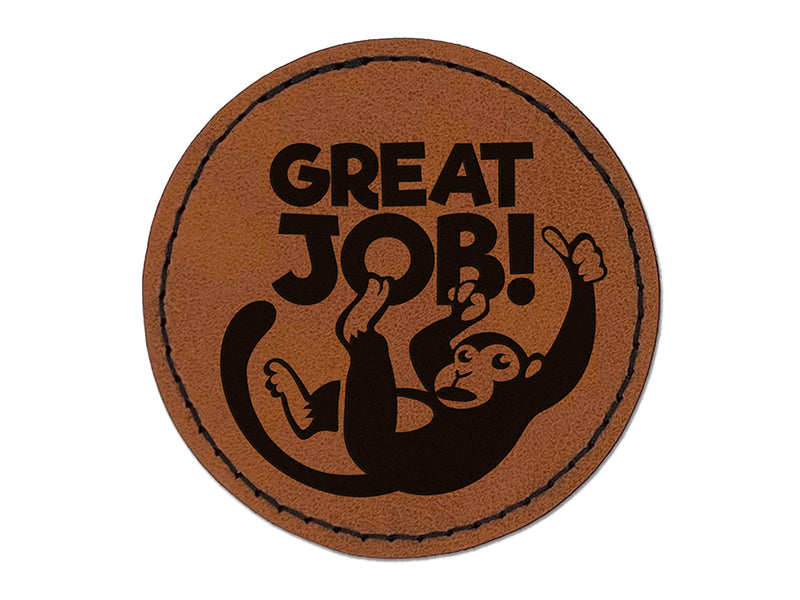 Great Job Monkey Teacher Student Round Iron-On Engraved Faux Leather Patch Applique - 2.5"
