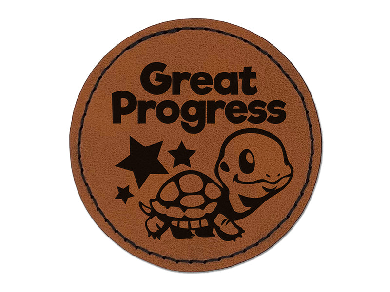 Great Progress Turtle Tortoise and Stars Teacher Student Round Iron-On Engraved Faux Leather Patch Applique - 2.5"
