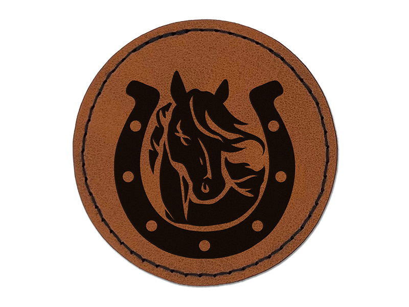 Horse in Horseshoe Round Iron-On Engraved Faux Leather Patch Applique - 2.5"
