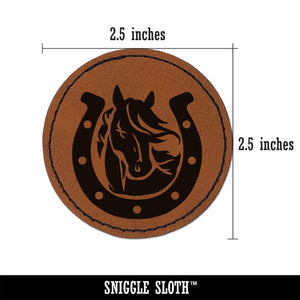 Horse in Horseshoe Round Iron-On Engraved Faux Leather Patch Applique - 2.5"