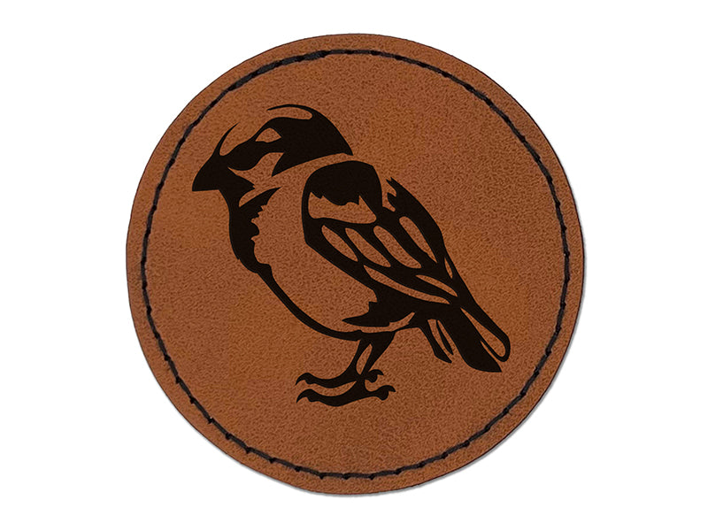 House Sparrow Little Bird Standing Round Iron-On Engraved Faux Leather Patch Applique - 2.5"