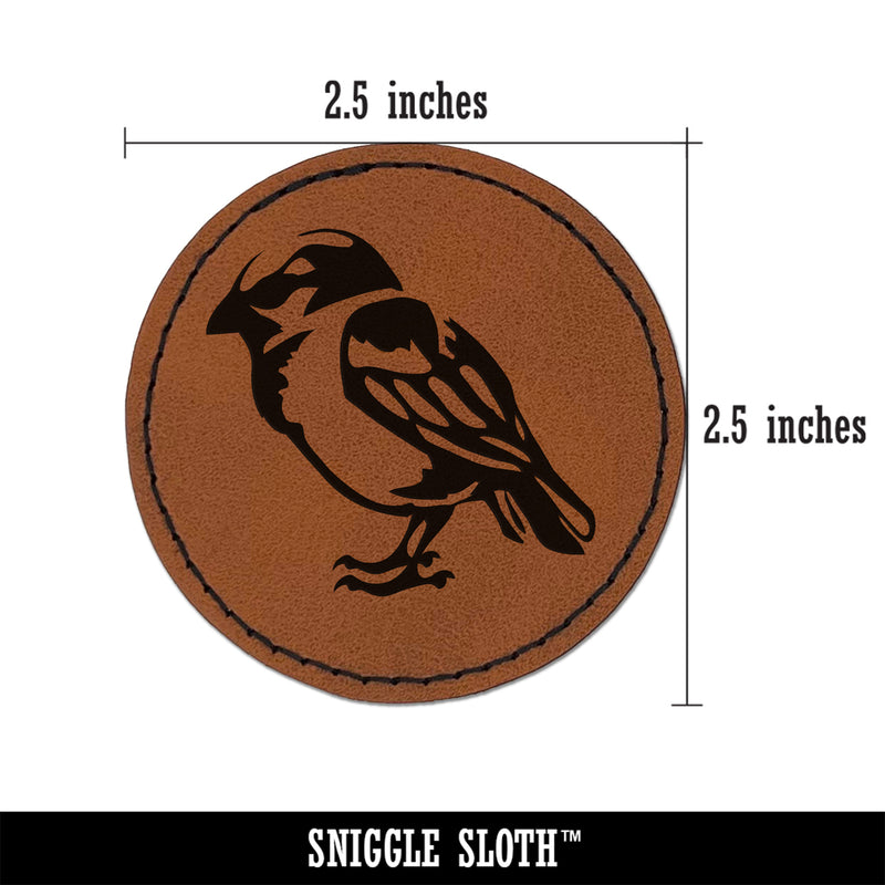 House Sparrow Little Bird Standing Round Iron-On Engraved Faux Leather Patch Applique - 2.5"