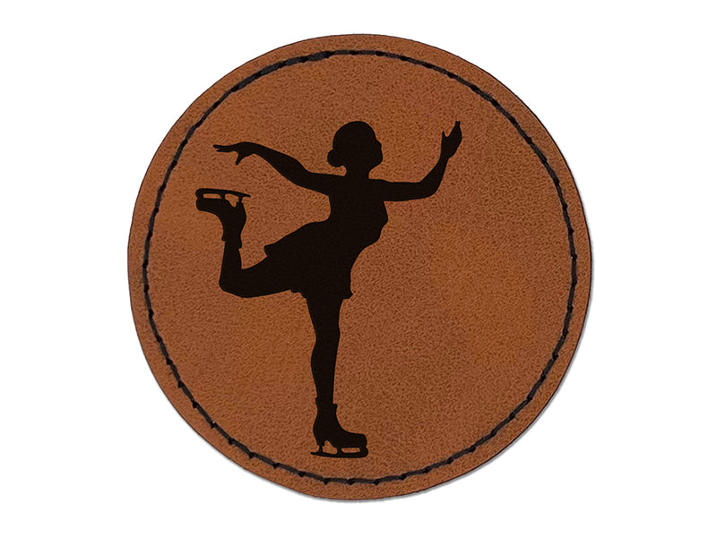 Ice Figure Skating Skater Woman on One Foot Pose Round Iron-On Engraved Faux Leather Patch Applique - 2.5"