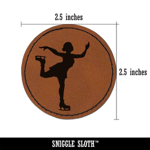 Ice Figure Skating Skater Woman on One Foot Pose Round Iron-On Engraved Faux Leather Patch Applique - 2.5"