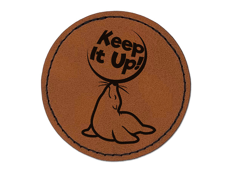 Keep It Up Sea Lion Balancing Ball Teacher Student Round Iron-On Engraved Faux Leather Patch Applique - 2.5"